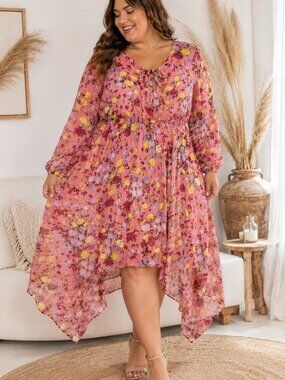 Wonderly Pink Floral High Low Midi Dress 3X  NWT